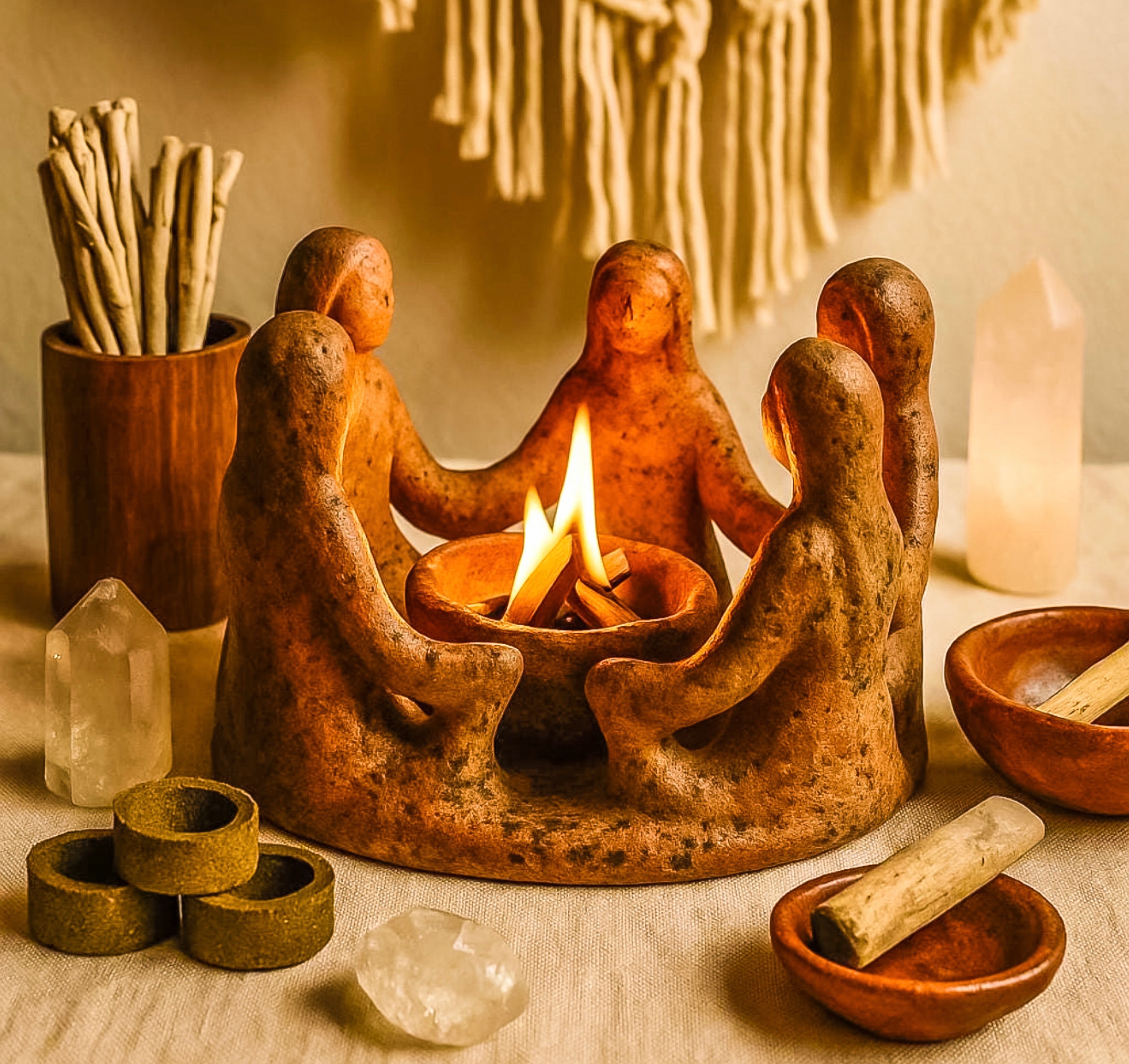 Clay sculpture of women in sacred circle around candlelight